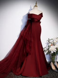 Burgundy V-Neck Satin Long Prom Dress, Mermaid Off Shoulder Evening Dress with Bow HZ0429