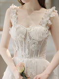 White Tulle Lace Long Formal Dresses, Off Shoulder Evening Dresses HZ0429