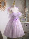 Lovely Spaghetti Strap Tulle Lace Short Prom Dress, Lavender A-Line Party Dress HZ0429