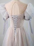 Cute Tulle Beaded Long Prom Dress, A-Line Short Sleeve Evening Dress HZ0429