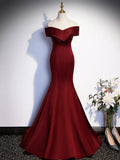 Burgundy V-Neck Satin Long Prom Dress, Mermaid Off Shoulder Evening Dress with Bow HZ0429