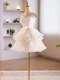 White Tulle Sweetheart Short Prom Dress, White Tulle Straps Party Dress HZ0429