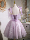 Lovely Spaghetti Strap Tulle Lace Short Prom Dress, Lavender A-Line Party Dress HZ0429