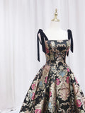 Black Floral Floor Length Prom Dress, A-Line Black Evening Dress HZ0429
