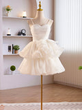 White Tulle Sweetheart Short Prom Dress, White Tulle Straps Party Dress HZ0429