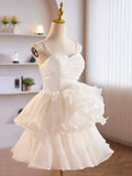 White Tulle Sweetheart Short Prom Dress, White Tulle Straps Party Dress HZ0429