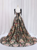 Black Floral Floor Length Prom Dress, A-Line Black Evening Dress HZ0429