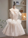 Champagne Spaghetti Strap Tulle Short Prom Dress, Cute A-Line Homecoming Dress HZ0429