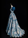 Blue Printed Long Ball Gown, Elegant A-Line Short Sleeve Evening Dress HZ0429