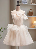 Champagne Spaghetti Strap Tulle Short Prom Dress, Cute A-Line Homecoming Dress HZ0429