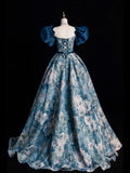 Blue Printed Long Ball Gown, Elegant A-Line Short Sleeve Evening Dress HZ0429