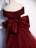 Burgundy V-Neck Satin Long Prom Dress, Mermaid Off Shoulder Evening Dress with Bow HZ0429
