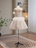 Champagne Spaghetti Strap Tulle Short Prom Dress, Cute A-Line Homecoming Dress HZ0429