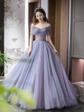 Purple Tulle Beaded Floor Length Prom Dress, Off Shoulder A-Line Evening Dress HZ0429