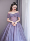 Purple Tulle Beaded Floor Length Prom Dress, Off Shoulder A-Line Evening Dress HZ0429