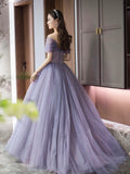 Purple Tulle Beaded Floor Length Prom Dress, Off Shoulder A-Line Evening Dress HZ0429