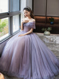 Purple Tulle Beaded Floor Length Prom Dress, Off Shoulder A-Line Evening Dress HZ0429