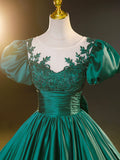 Green Satin Lace Floor Length Formal Dress, Short Sleeve A-Line Evening Dress HZ0429