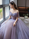 Purple Tulle Beaded Floor Length Prom Dress, Off Shoulder A-Line Evening Dress HZ0429