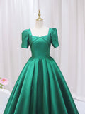 Green Satin Floor Length Prom Dress, Green Short Sleeve Evening Dress HZ0429