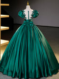 Green Satin Lace Floor Length Formal Dress, Short Sleeve A-Line Evening Dress HZ0429