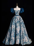 Blue Printed Long Ball Gown, Elegant A-Line Short Sleeve Evening Dress HZ0429