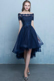 Blue Tulle Lace Short Prom Dress, High Low Evening Party Dress HZ0429