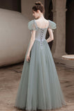 Green Tulle Beaded A-Line New Prom Dresses, Short Sleeves Formal Dresses HZ0429