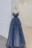 Blue Tulle Layers Straps Beaded Long Prom Dresses, A-Line Evening Dresses HZ0429