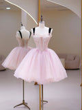 Pink Tulle Sequins Sweetheart Short Prom Dress, Pink Straps Party Dress HZ0429