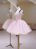Pink Tulle Sequins Sweetheart Short Prom Dress, Pink Straps Party Dress HZ0429