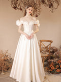 White Satin Floor Length Formal Dress, A-Line Off Shoulder Evening Dress Prom Dress HZ0429