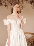 White Satin Floor Length Formal Dress, A-Line Off Shoulder Evening Dress Prom Dress HZ0429