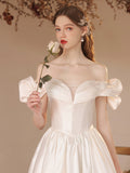 White Satin Floor Length Formal Dress, A-Line Off Shoulder Evening Dress Prom Dress HZ0429