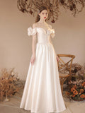 White Satin Floor Length Formal Dress, A-Line Off Shoulder Evening Dress Prom Dress HZ0429