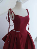 Burgundy Satin Long Prom Dress, A-Line Evening Dress with Bow HZ0429