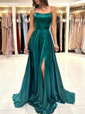 Simple Satin Long Prom Dress, A-Line Green Backless Evening Dress HZ0429