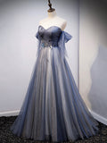 Blue Sweetheart Tulle with Lace Party Dress, Blue Long Formal Dress HZ0429