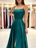 Simple Satin Long Prom Dress, A-Line Green Backless Evening Dress HZ0429