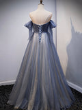Blue Sweetheart Tulle with Lace Party Dress, Blue Long Formal Dress HZ0429