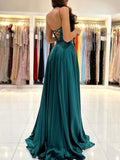 Simple Satin Long Prom Dress, A-Line Green Backless Evening Dress HZ0429