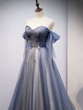 Blue Sweetheart Tulle with Lace Party Dress, Blue Long Formal Dress HZ0429