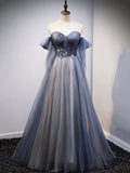 Blue Sweetheart Tulle with Lace Party Dress, Blue Long Formal Dress HZ0429