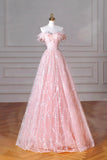 Pink Tulle Sequins Long Prom Dress, Beautiful A-Line Evening Party Dress HZ0429