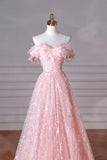 Pink Tulle Sequins Long Prom Dress, Beautiful A-Line Evening Party Dress HZ0429