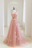 Pink Tulle Applique Long Evening Dress, A-Line Junior Prom Dress HZ0429