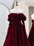 Burgundy Velvet Long Formal Dress, Elegant Long Sleeve A-Line Prom Dress HZ0429
