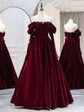 Burgundy Velvet Long Formal Dress, Elegant Long Sleeve A-Line Prom Dress HZ0429