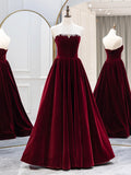 Burgundy Velvet Long Formal Dress, Elegant Long Sleeve A-Line Prom Dress HZ0429