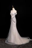 Silver Off-the-Shoulder Sequin Long Prom Party Dress, Mermaid Evening Dress HZ0429